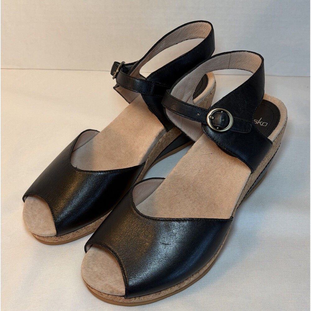 DANSKO Charlotte Black Leather Sandals Women 41 US 10 Cork Wedge Heel Peep Toe